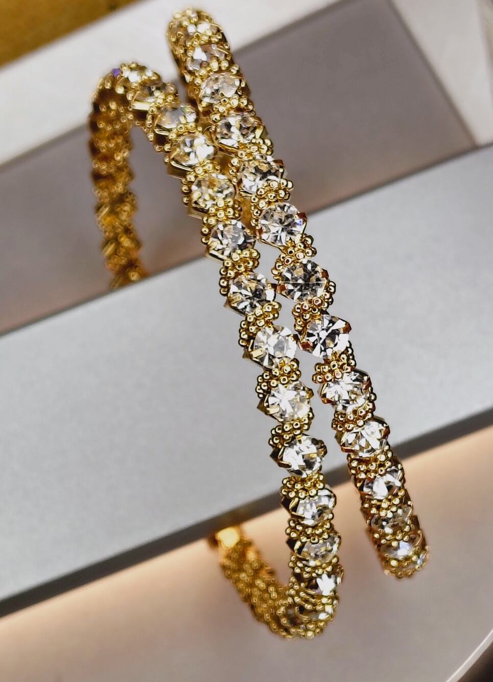 GORGEOUS SEOUL STONE HUGE GOLDTONE FAUX DIAMOND HOOP EARRINGS